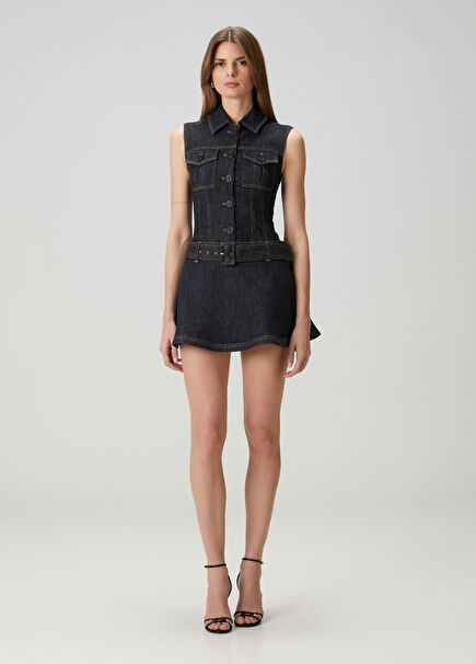 Koyu Mavi Mini Denim Elbise