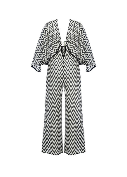 Deep V Neck Buckled Cut-Out Detailed Knitted Textured Maxi Long Jumpsuit