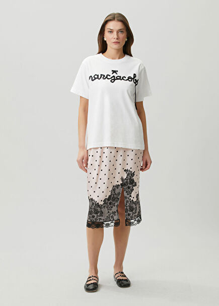 Champagne Polka Dot Lace Midi Skirt