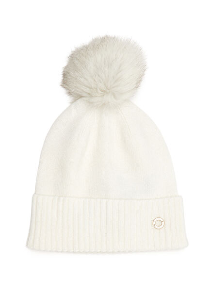 Ekru Ponponlu Kadın Kaşmir Karışımlı Yün Bere