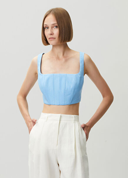 Maeve Mavi Crop Keten Bluz