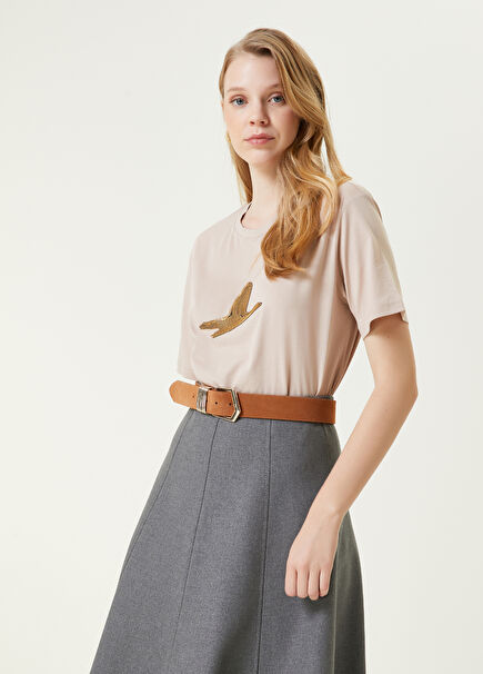 Deve Tüyü Taşlı Kuş Detaylı T-shirt