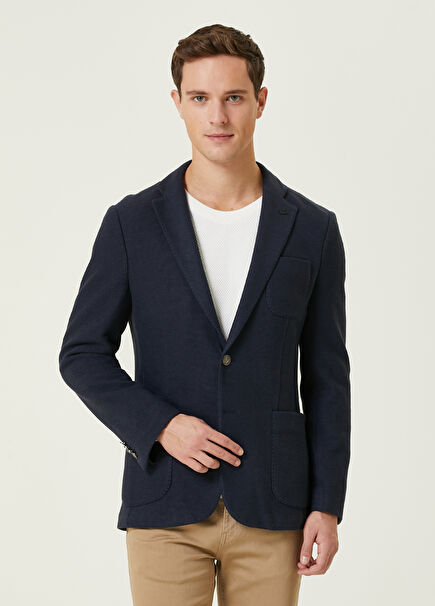 Navy Blue Textured Knitted Blazer
