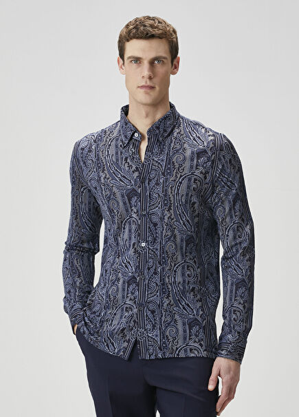Navy Blue Ethnic Patterned Shirt