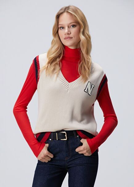 Light Beige Chest N Embroidery Detailed Sweater