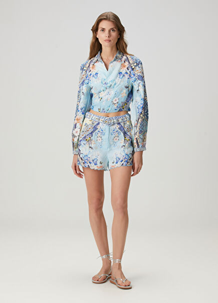 Blue Floral Linen Shorts