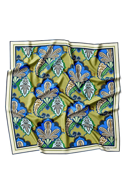 Byzantine Bloom Yeşil Mavi Twill İpek Kadın Eşarp 