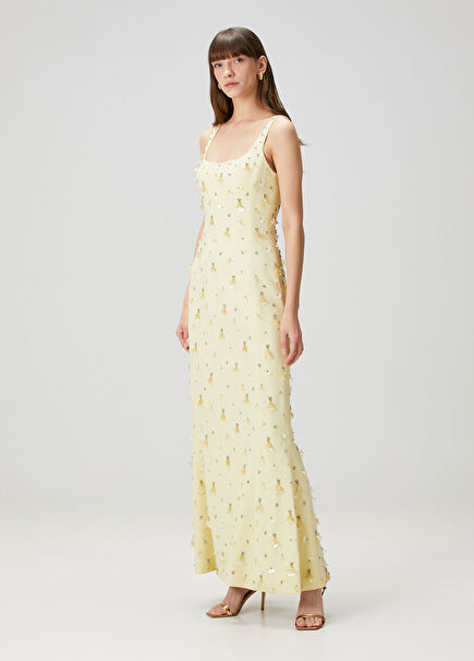 Sarı Taş İşlemeli Maksi Abiye Elbise