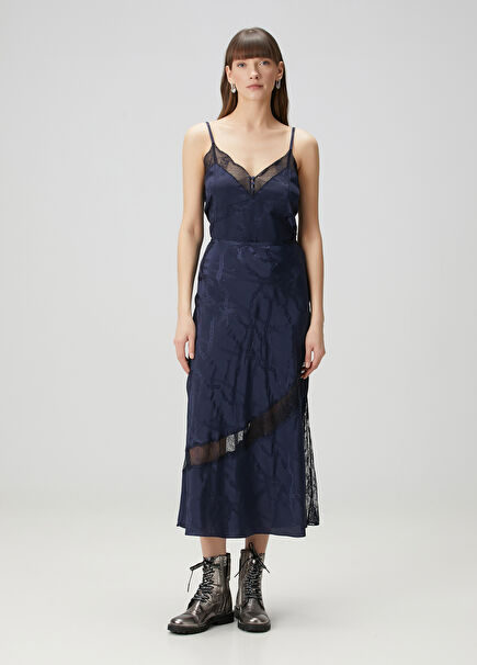 Jaylal Navy Midi Silk Skirt