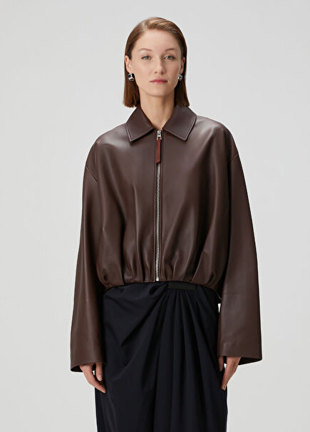 Brown Draped Leather Jacket