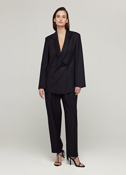 Siyah Kruvaze Kapama Astarlı Oversize Kadın Ceket %100 Yün