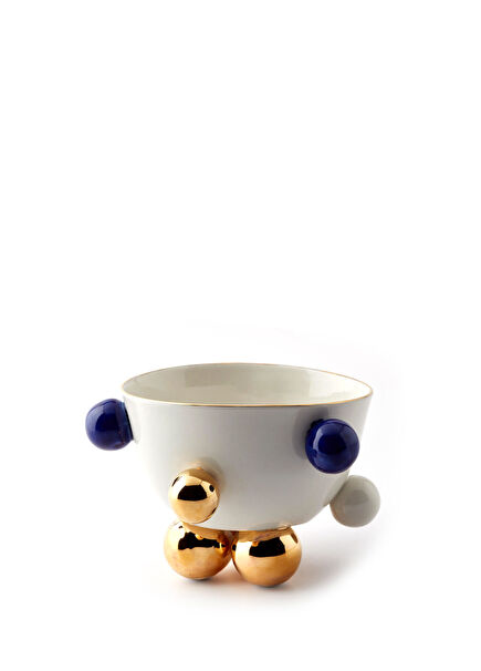 Cosmos Altın ve Lacivert Dekorlu El Yapımı Porselen Kase