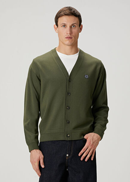 Khaki V-Neck Wool Knit Cardigan
