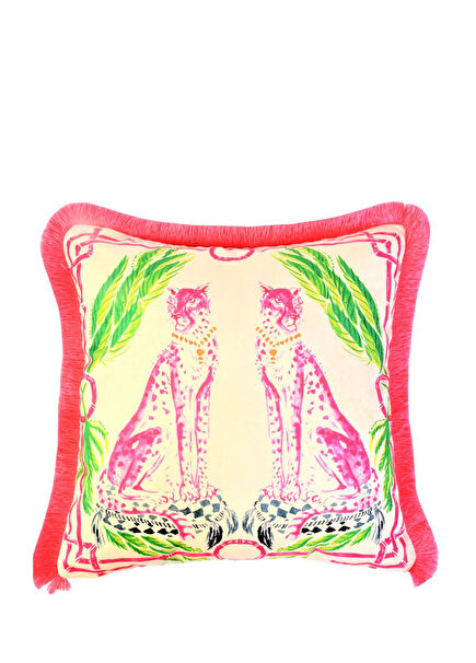 Çita Desenli Krem Rengi Kadife Dekoratif Kırlent Kılıfı 45 x 45 cm