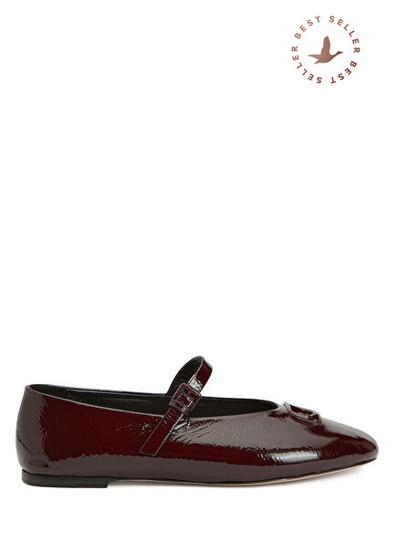 Mary Jane Bordo Kırışık Rugan Deri Babet