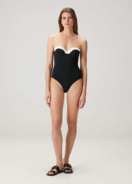 Black White Strapless Swimsuit