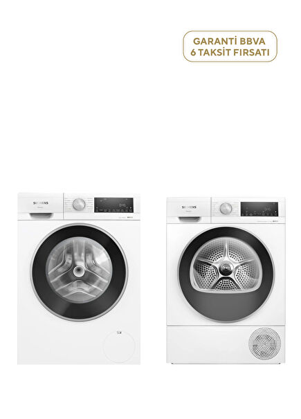 iQ500 WQ44G2C1TR Isı Pompalı Kurutma Makinesi 9 kg + WG52A202TR iQ300 10 kg 13 Programlı A Enerji Sınıfı 1200 Devir Çamaşır Makinesi Seti