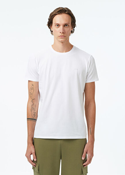 Beyaz Bisiklet Yaka Kısa Kollu Slim Fit Erkek T-Shirt