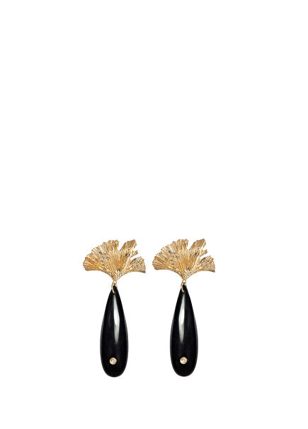 Ginkgo Leaf Obsidian 925 Ayar Gümüş Kadın Küpe