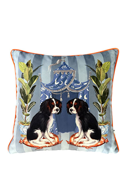 Vaha Serisi King Charles Köpek Deseli Gri Çizgili Kadife Kırlent Kılıfı