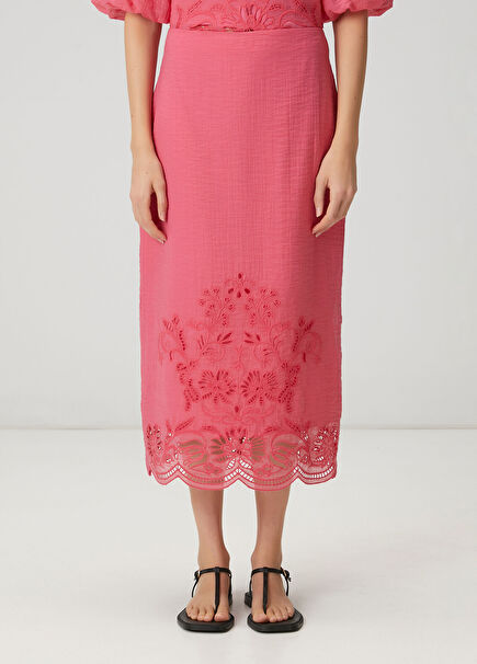 Pink Embroidered Midi Skirt