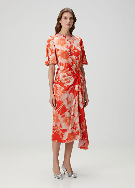 Orange Floral Midi Dress