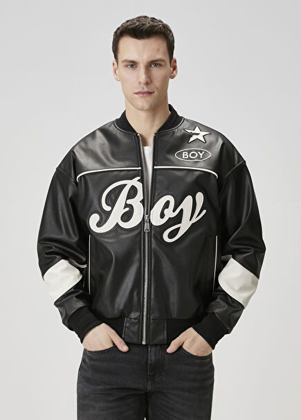 Star Size Black Logo Embroidered Varsity Coat