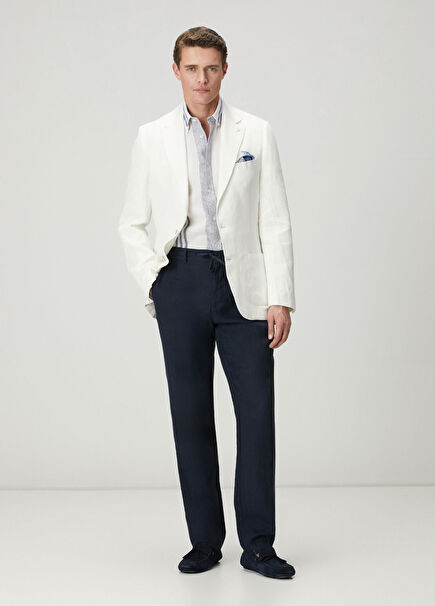 Navy Blue Waist Corded Linen Trousers