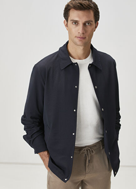Navy Blue Embossed Textured Outer Shirt