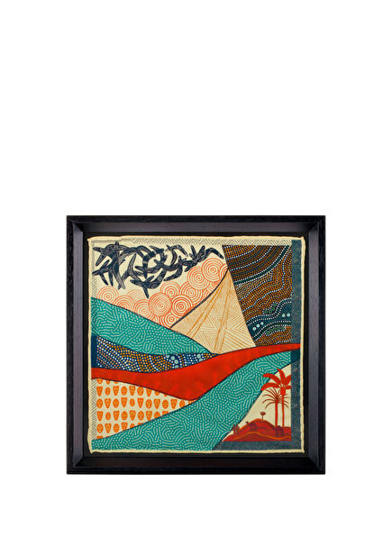 Australian Pattern Green Black Framed Silk Scarf Wooden Picture