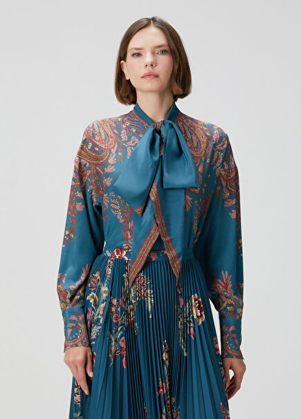 Mavi Şal Desenli İpek Gömlek