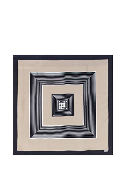 Bej Çizgili Logo Detaylı 90x90 cm İpek Eşarp