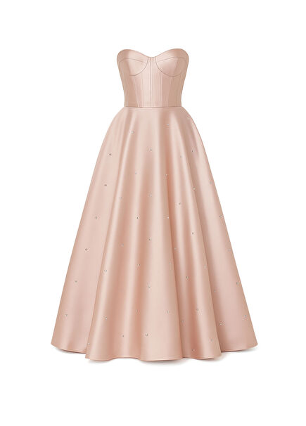 Swarovski Taş Detaylı Pudra Balenli Kadın Abiye Elbise