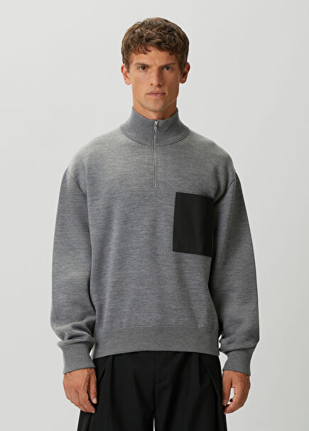 Grey Collar Zipper Wool Sweater