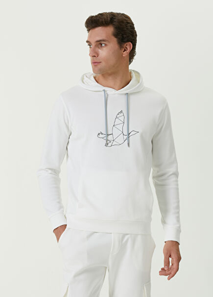 Beyaz Dalgıç Kapüşonlu Kaz Baskılı Sweatshirt