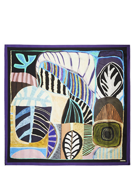 Multicolored Leaf Patterned Silk Scarf