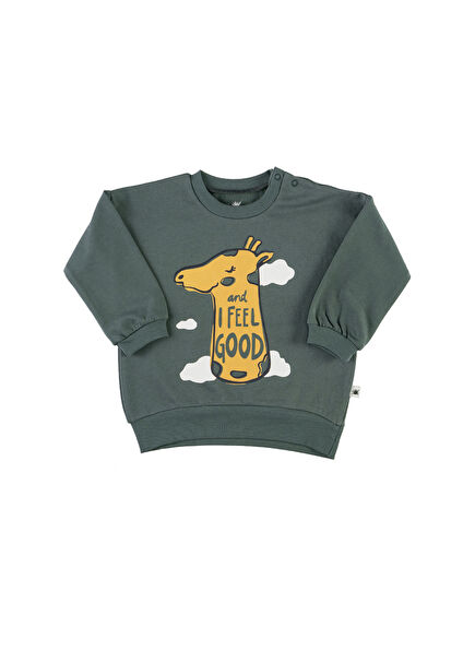 Grow Yeşil Zürafa Desenli Yuvarlak Yaka Unisex Çocuk Sweatshirt