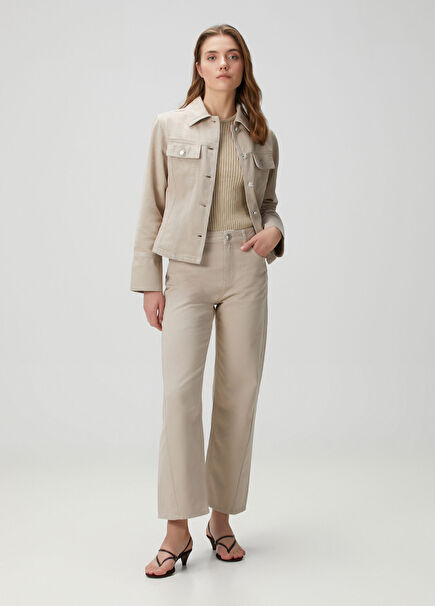 Bej Kesik Detaylı Jean Pantolon