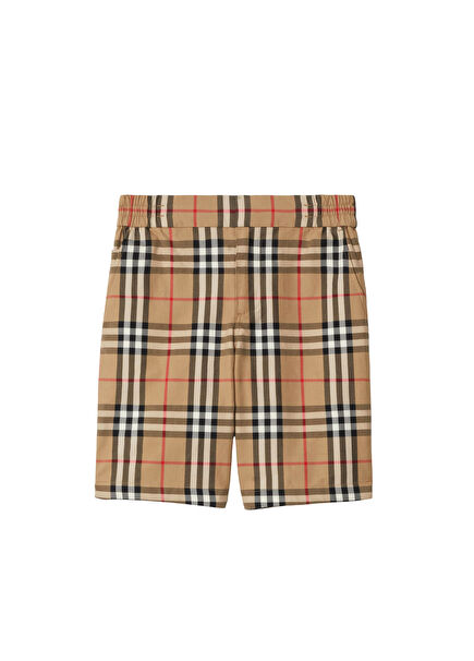 Check Bej Pamuk Unisex Çocuk Şort