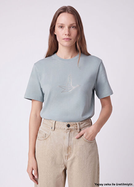 Mint Taşlı Kaz Logo Baskılı T-shirt