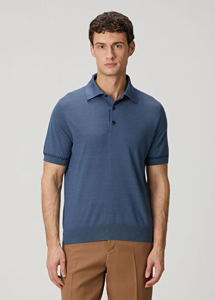 Navy Blue Short Sleeve Wool Polo Sweater