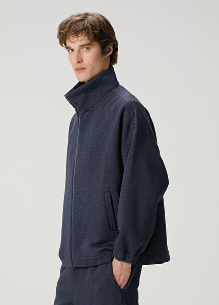 Navy Blue Logo Jacquard Coat