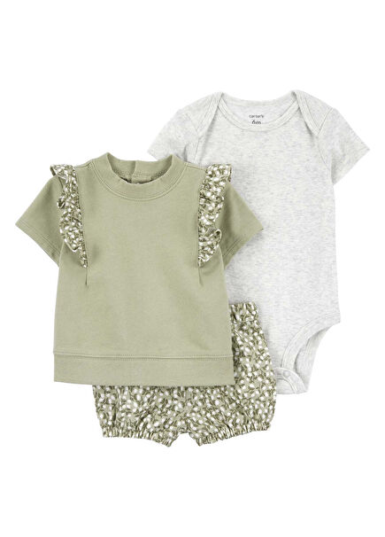 Yeşil Kısa Kollu T-Shirt Body ve Şort Kız Bebek 3'lü Set 