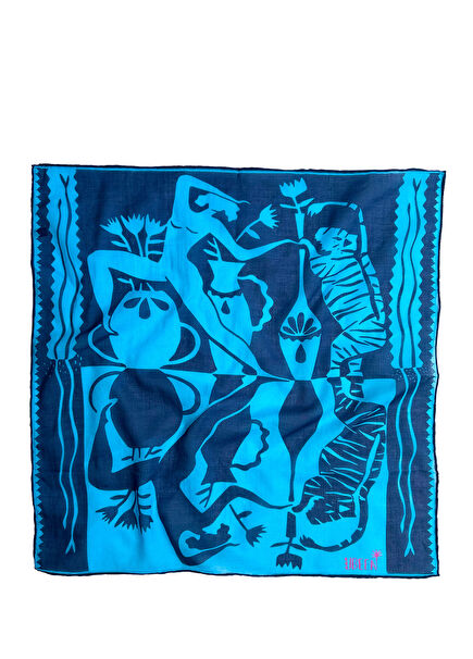 Bandana Mavi Lacivert Desenli Pamuklu Kadın Fular