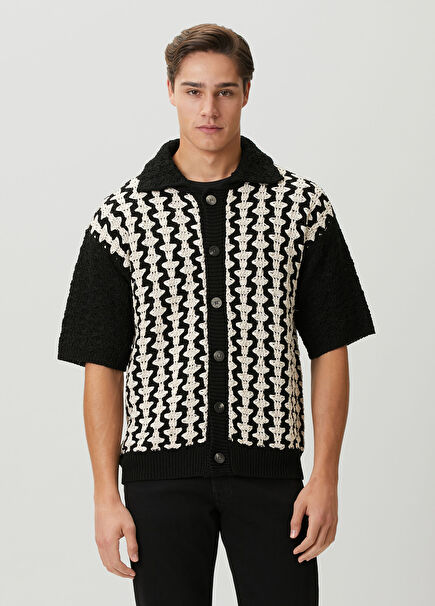 Black Knit Textured Short Sleeve Knit Shirt