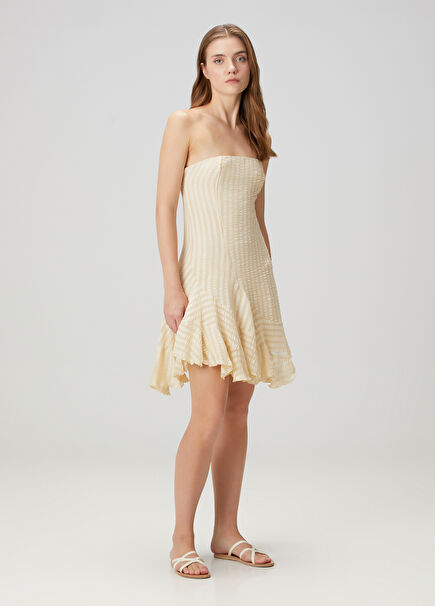 Navarin Bej Çizgili Mini İpek Elbise