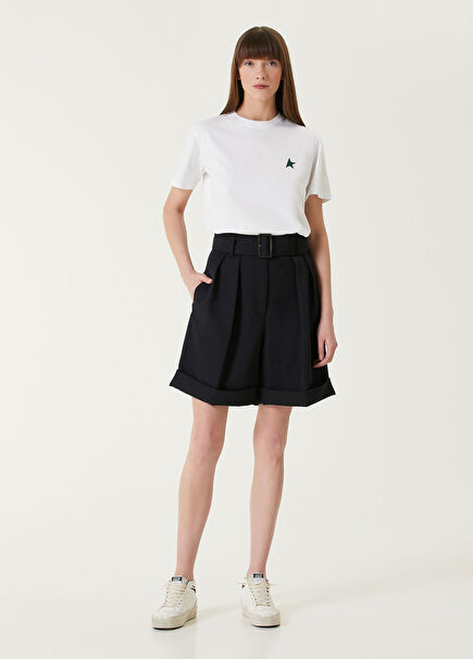 Navy Blue High Waist Belted Shorts