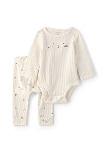 Bej Uzun Kollu Body Pantolon Unisex Bebek 2'li Set