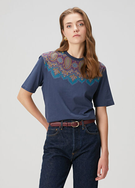 Koyu Mavi Şal Desenli T-shirt