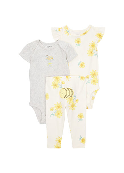Layette Arı Desenli Kısa Kollı Zıbın Pantolon Kız Bebek 2'li Set